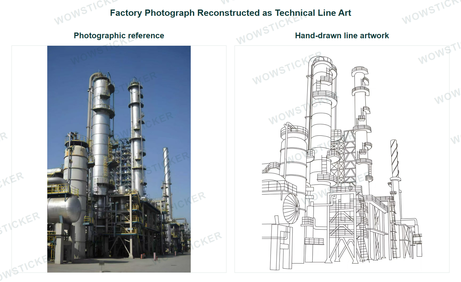 Factory photograph compared with hand-drawn line artwork