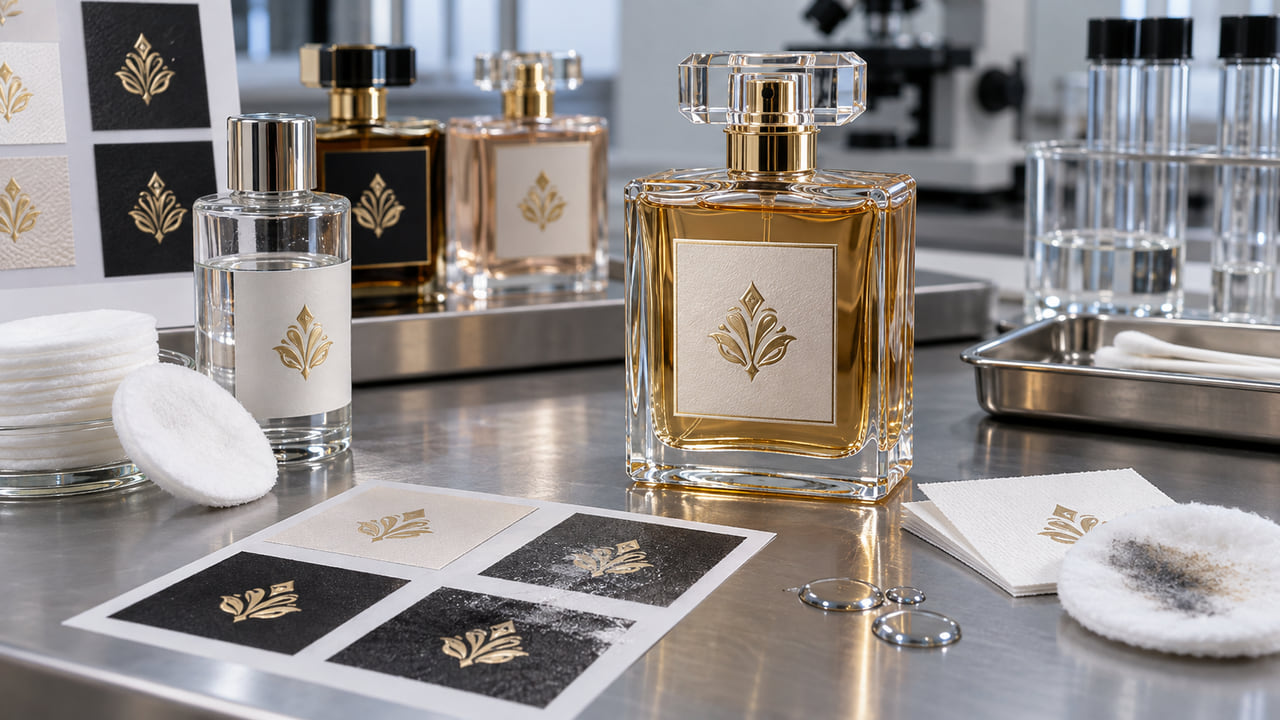 How should buyers define an alcohol rub test for perfume labels for boutique retail displays?
