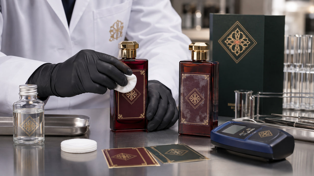 How should buyers define an alcohol rub test for perfume labels when upgrading a standard bottle?