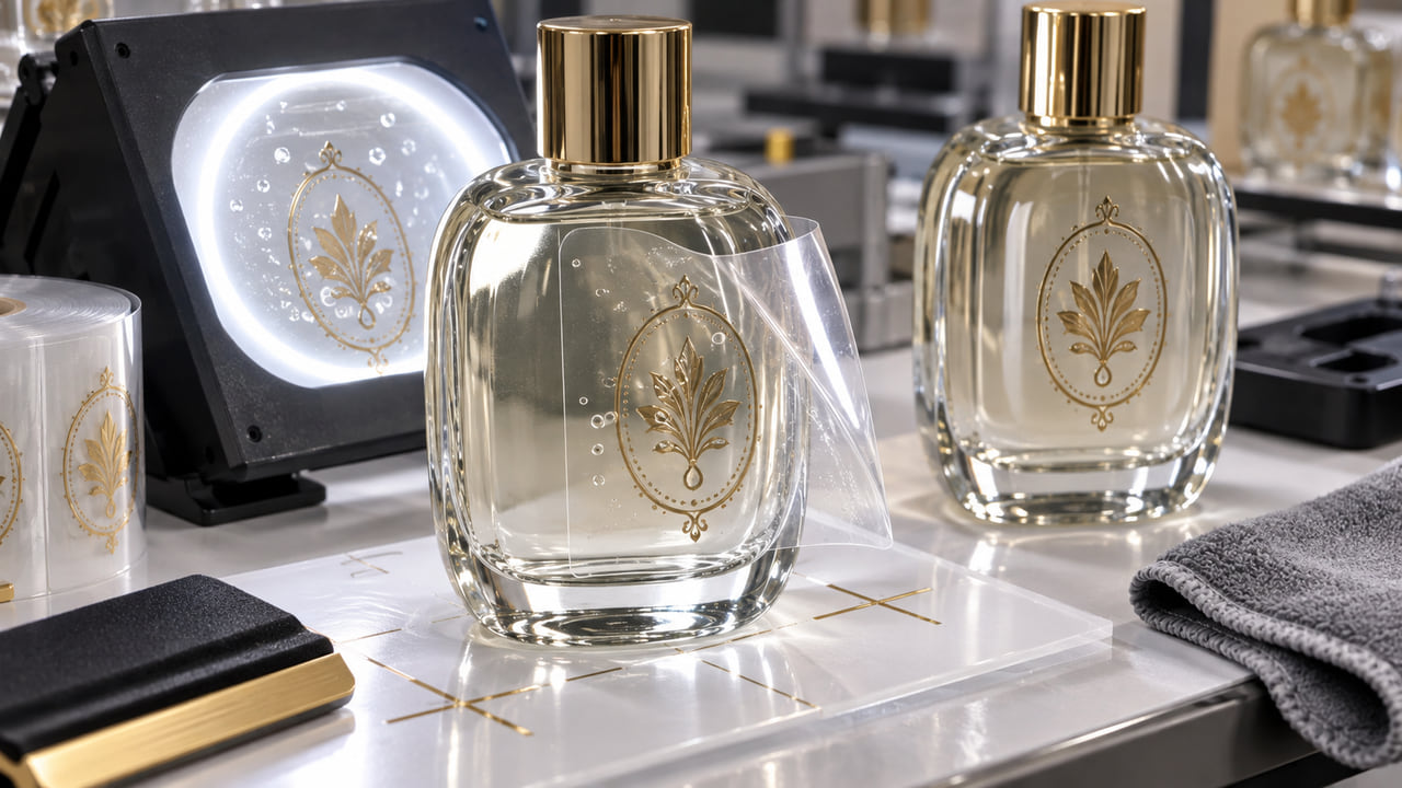 How can buyers prevent bubbles under clear perfume labels for boutique retail displays?