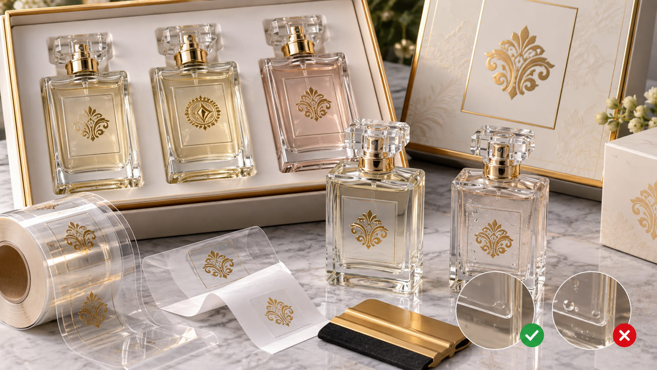 How can buyers prevent bubbles under clear perfume labels for perfume gift sets?