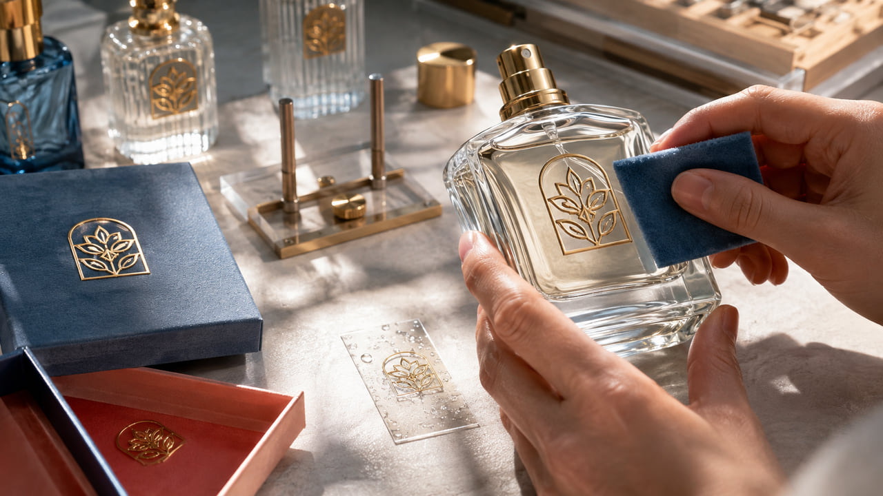 How can buyers prevent bubbles under clear perfume labels when upgrading a standard bottle?