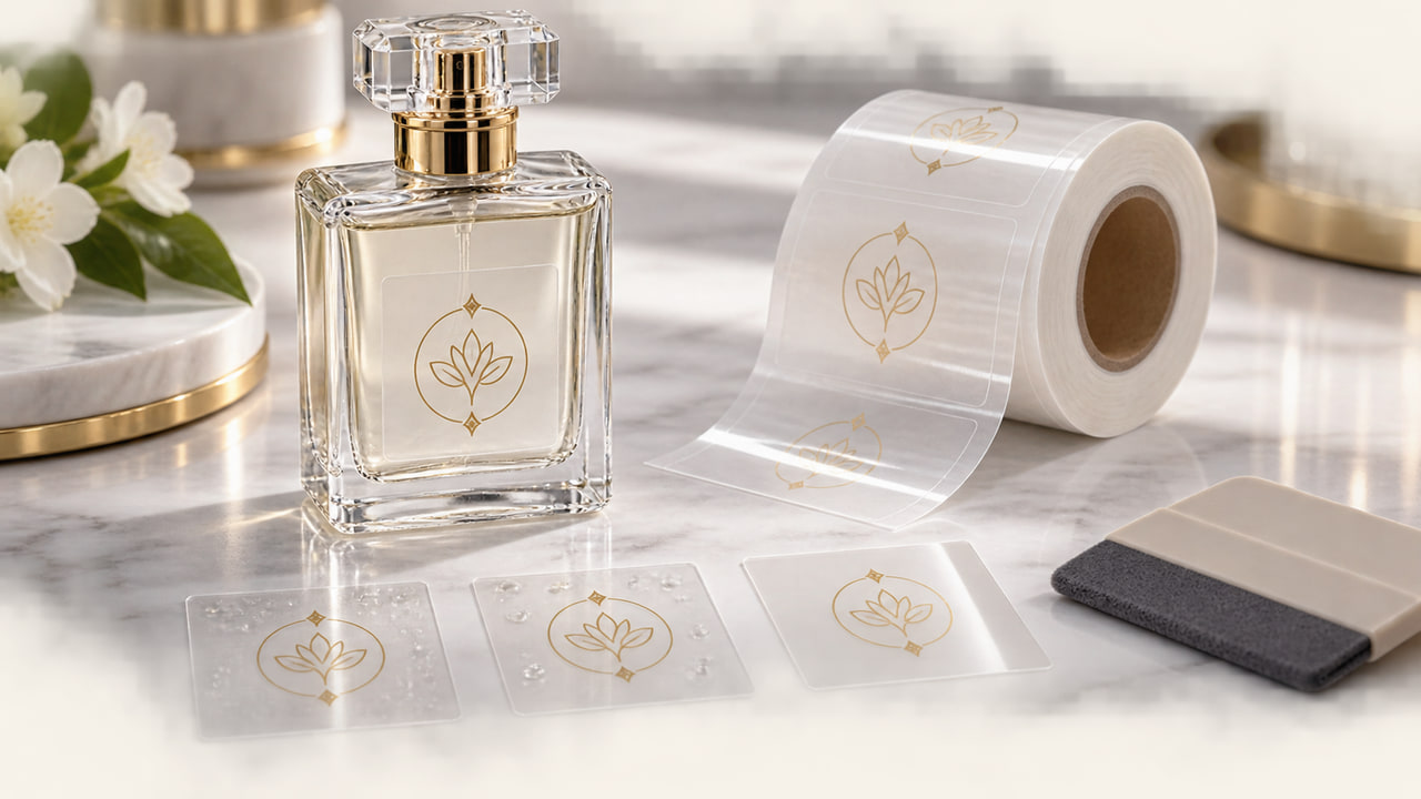 How can buyers prevent bubbles under clear perfume labels for repeat orders?