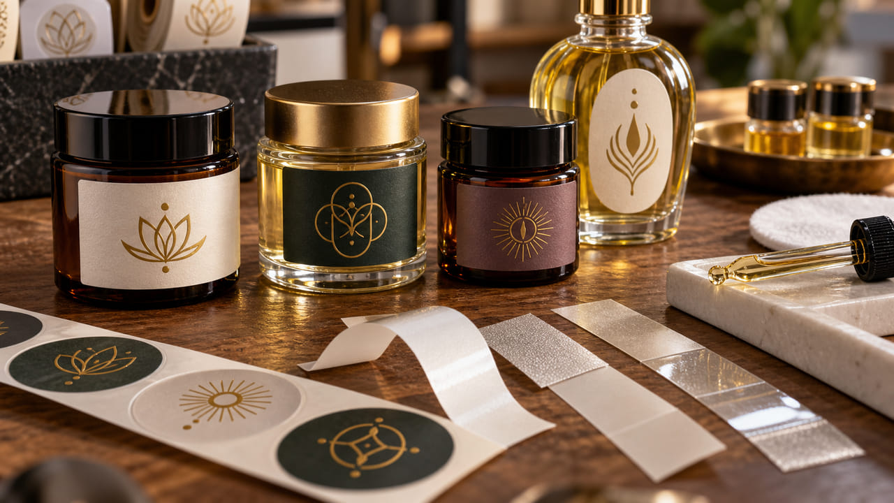 What adhesive choices matter for fragrance oil labels on small jars for ecommerce perfume brands?