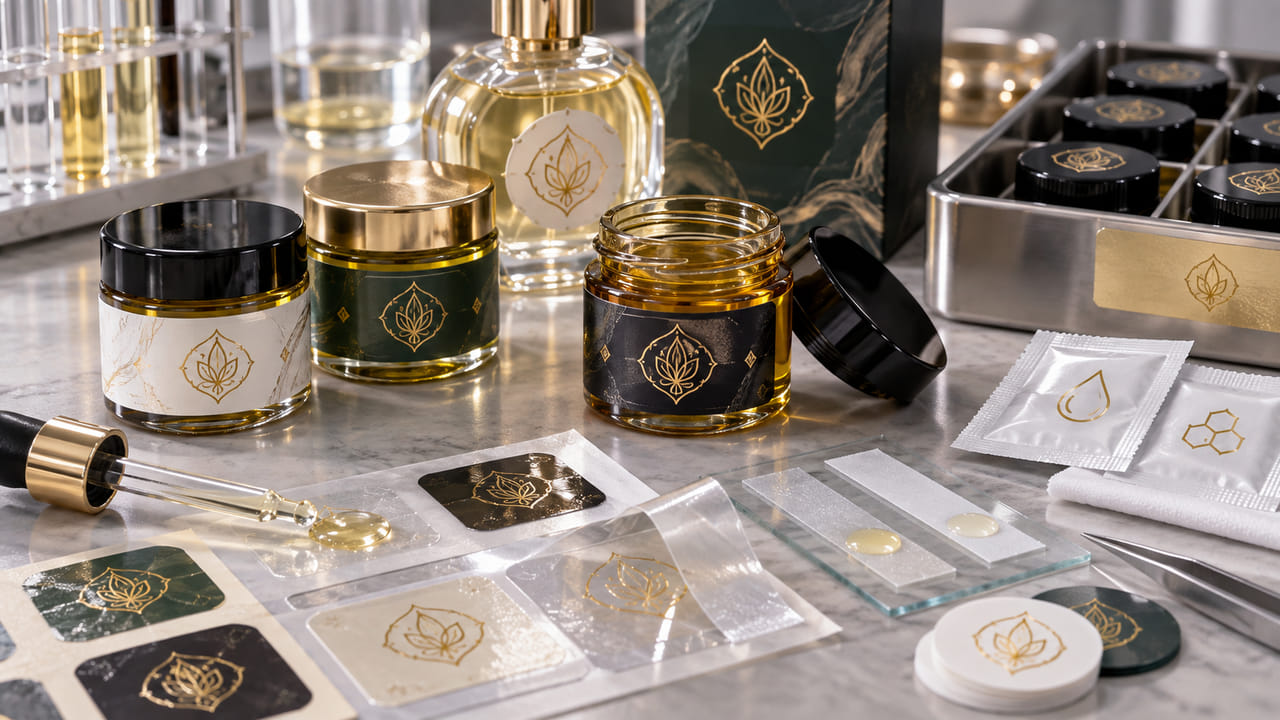 What adhesive choices matter for fragrance oil labels on small jars for GCC fragrance launches?