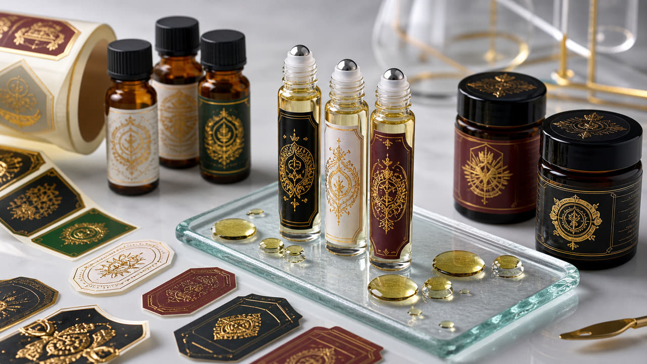 What label material should buyers test for oily perfume products for boutique retail displays?