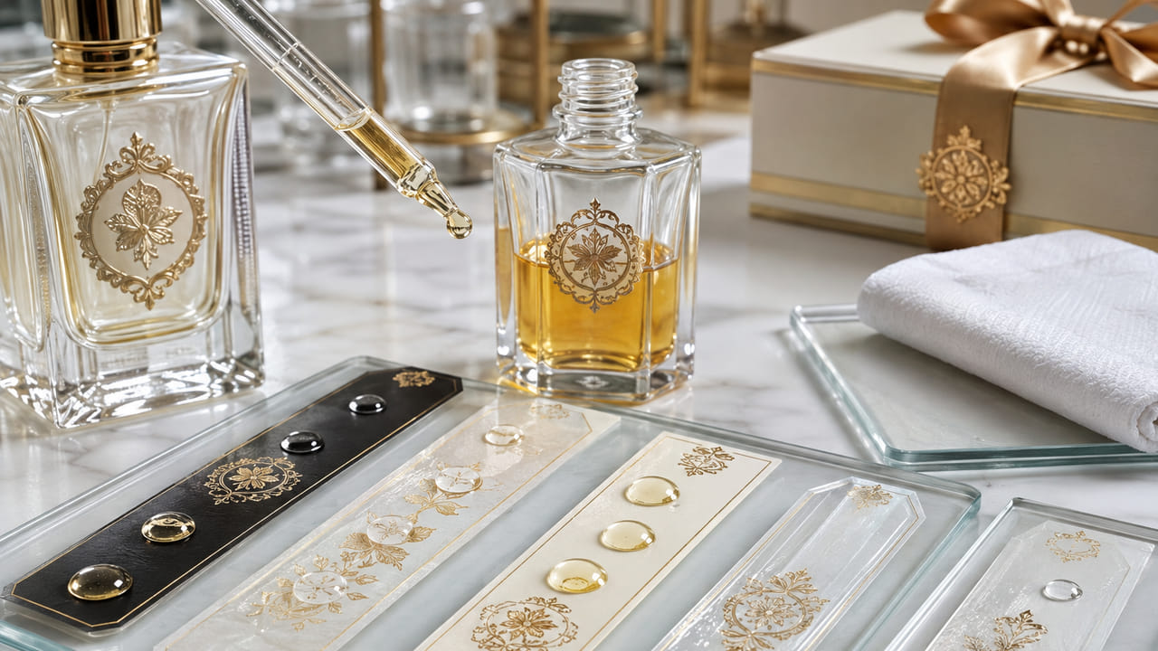 What label material should buyers test for oily perfume products for perfume gift sets?