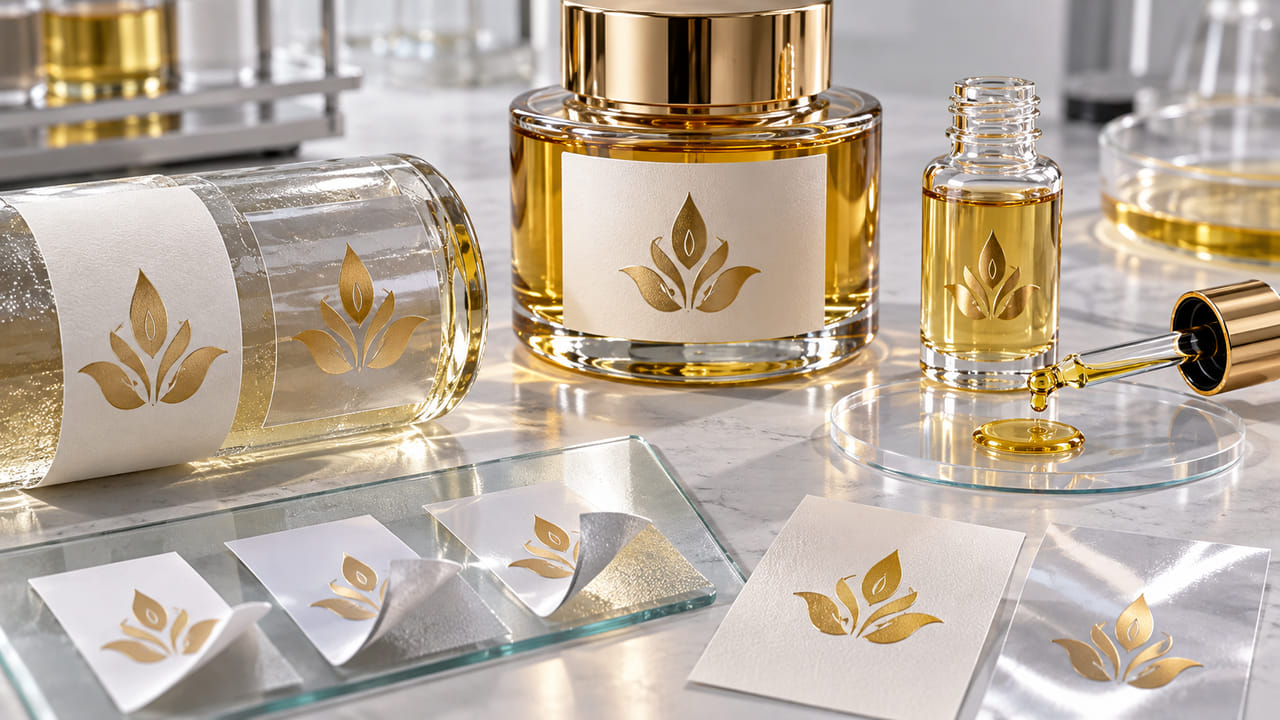 What label material should buyers test for oily perfume products for GCC fragrance launches?
