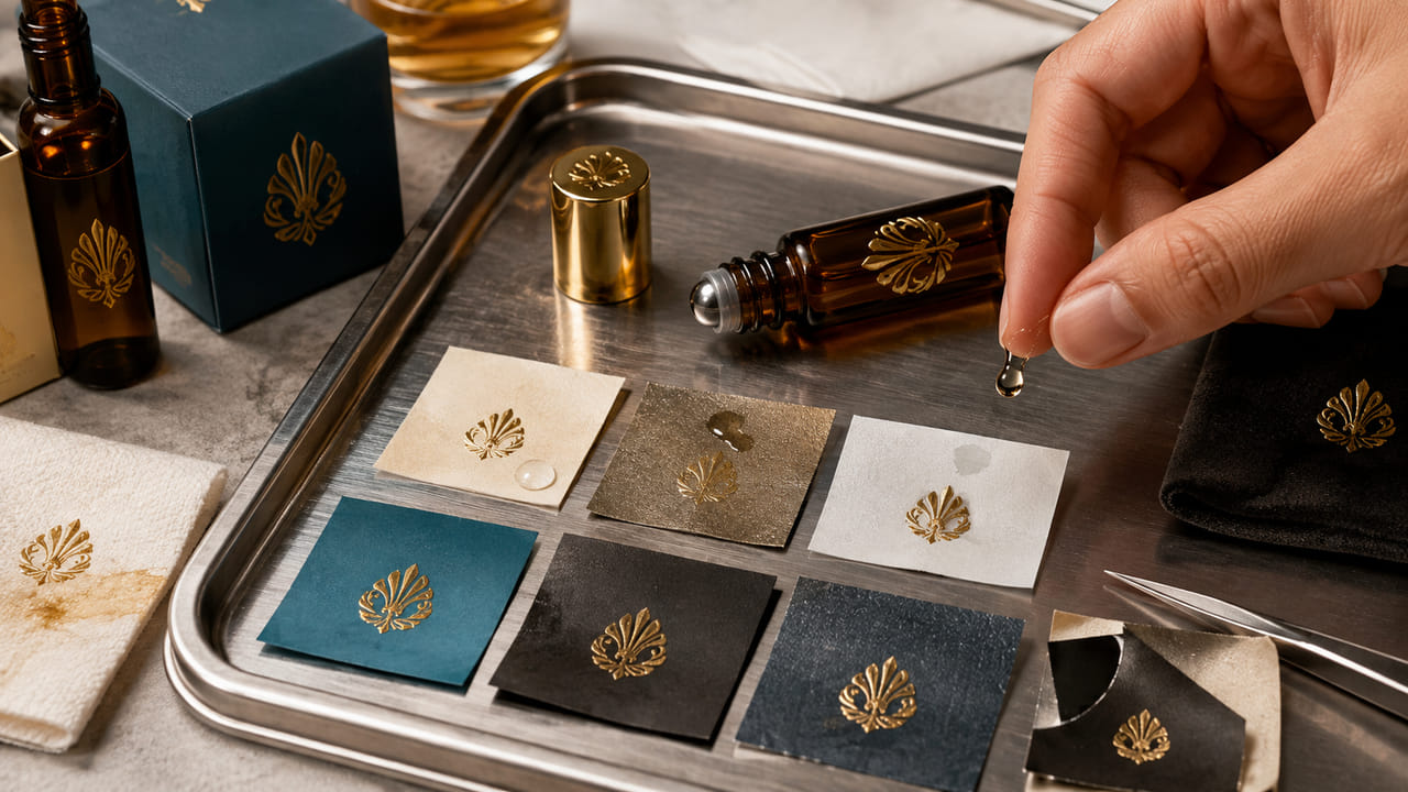 What label material should buyers test for oily perfume products for repeat orders?