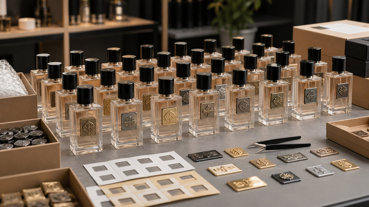 What should buyers confirm before ordering low MOQ metal logo labels for ecommerce perfume brands?