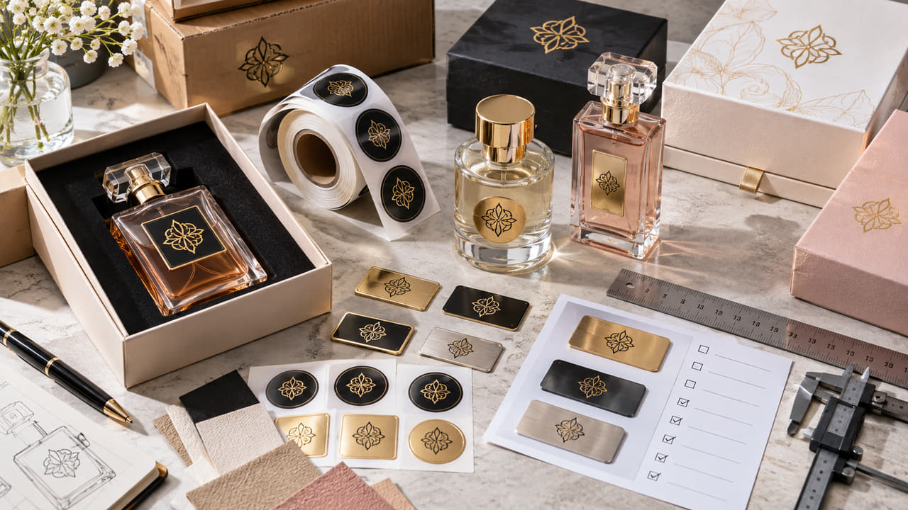 What should buyers confirm before ordering low MOQ metal logo labels for perfume gift sets?