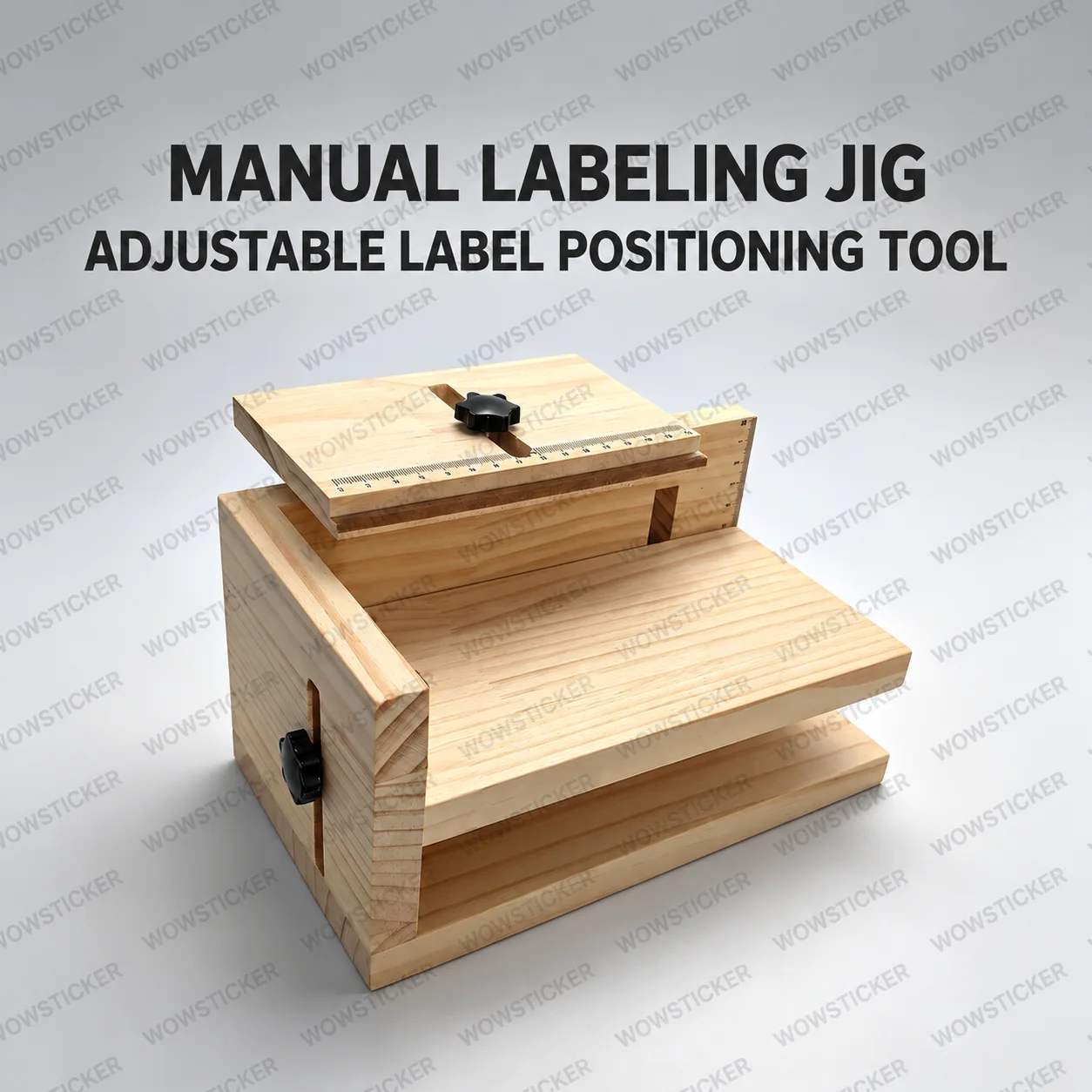 Watermarked wooden manual labeling jig with English product title