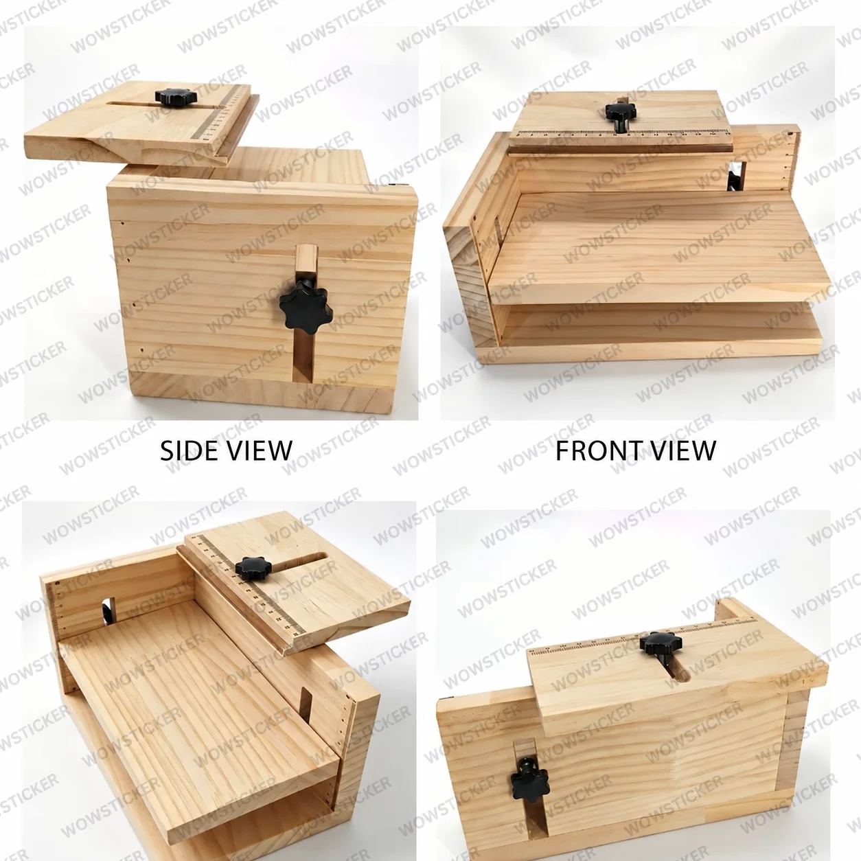 Watermarked side, front, angled, and rear views of the wooden labeling jig