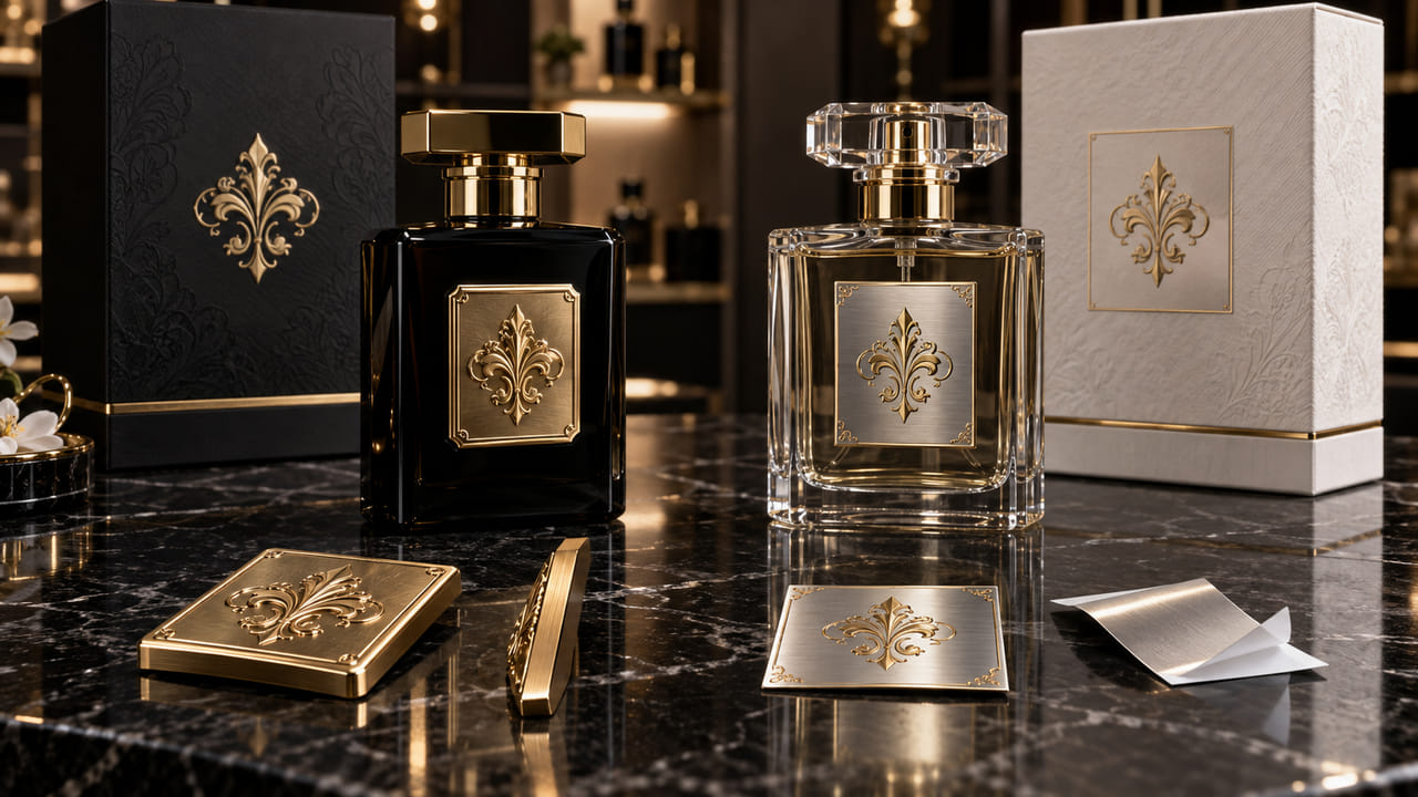 Should buyers choose a Metal Plate or Nickel Sticker for perfume branding for boutique retail displays?
