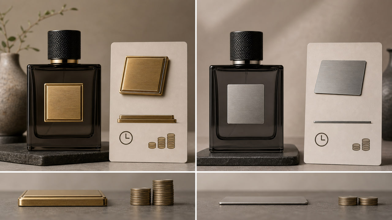 Should buyers choose a Metal Plate or Nickel Sticker for perfume branding for ecommerce perfume brands?