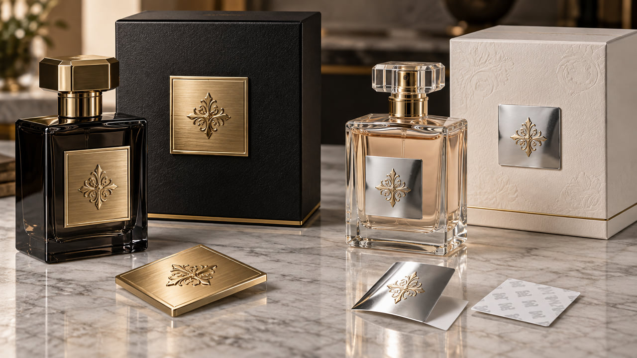 Should buyers choose a Metal Plate or Nickel Sticker for perfume branding for perfume gift sets?