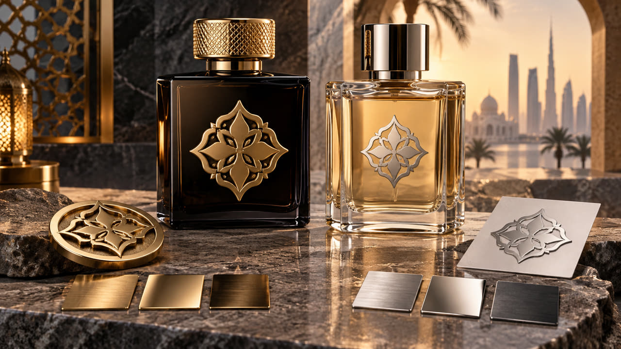 Should buyers choose a Metal Plate or Nickel Sticker for perfume branding for GCC fragrance launches?