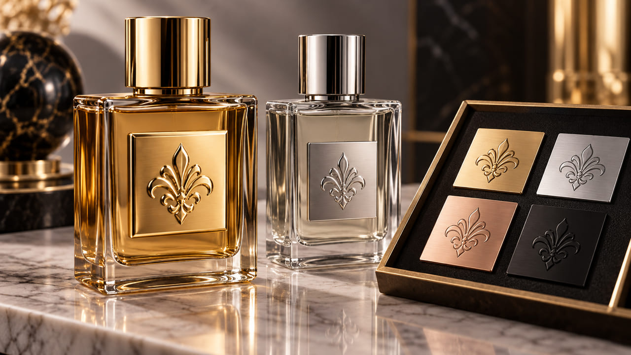 Should buyers choose a Metal Plate or Nickel Sticker for perfume branding for repeat orders?