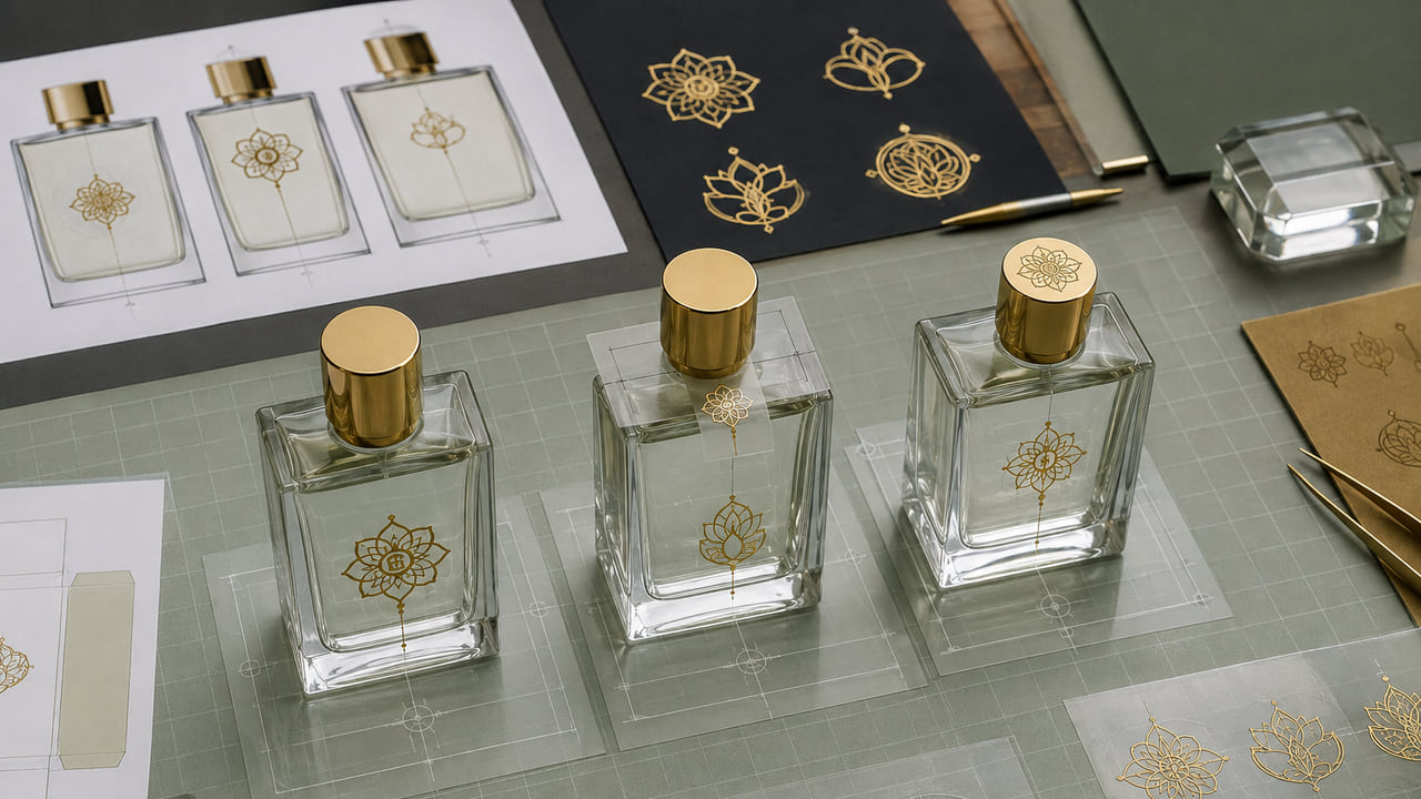 What logo placement should buyers preview before perfume bottle sampling for perfume gift sets?