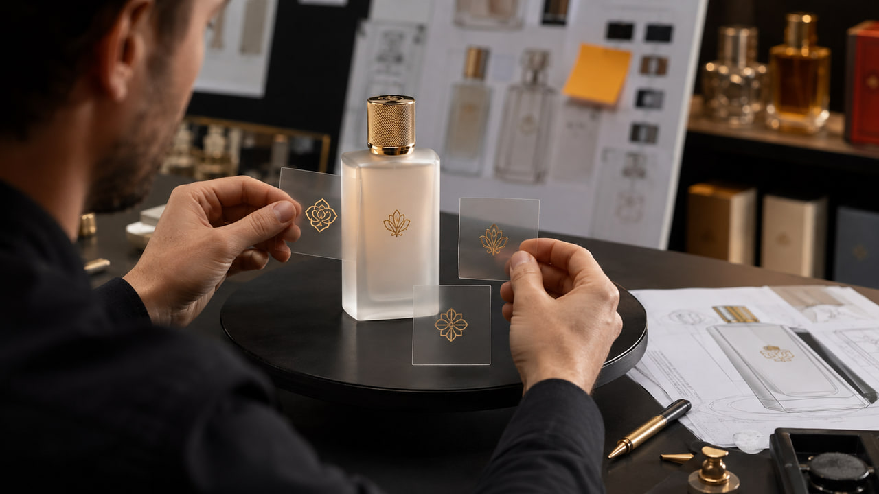 What logo placement should buyers preview before perfume bottle sampling for repeat orders?