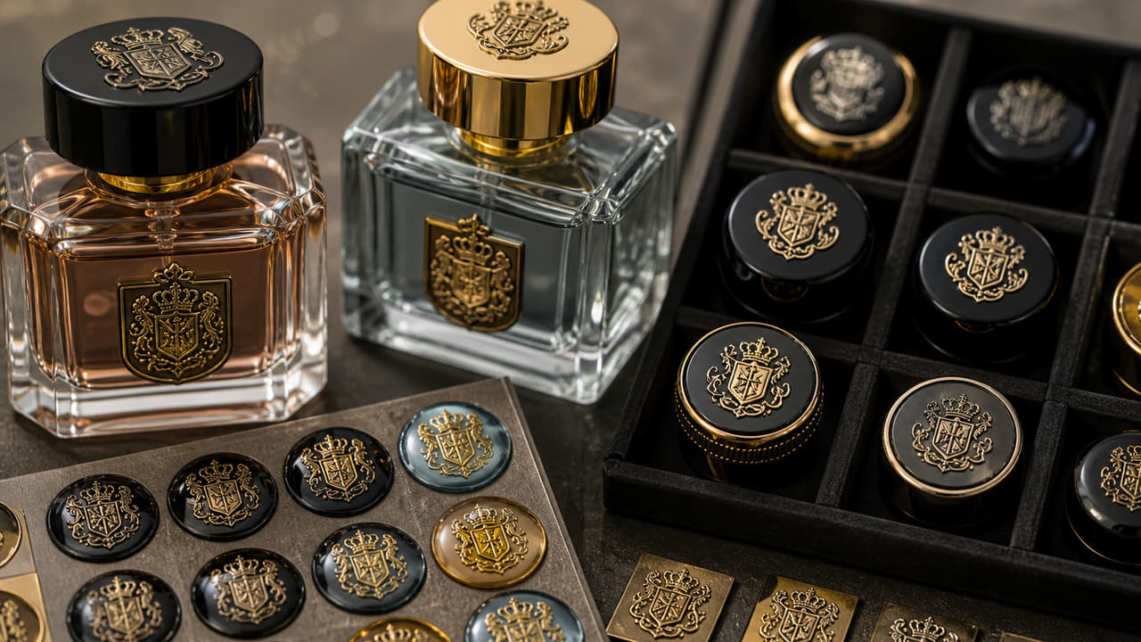 Should buyers use resin stickers or metal plates for perfume cap decoration for boutique retail displays?