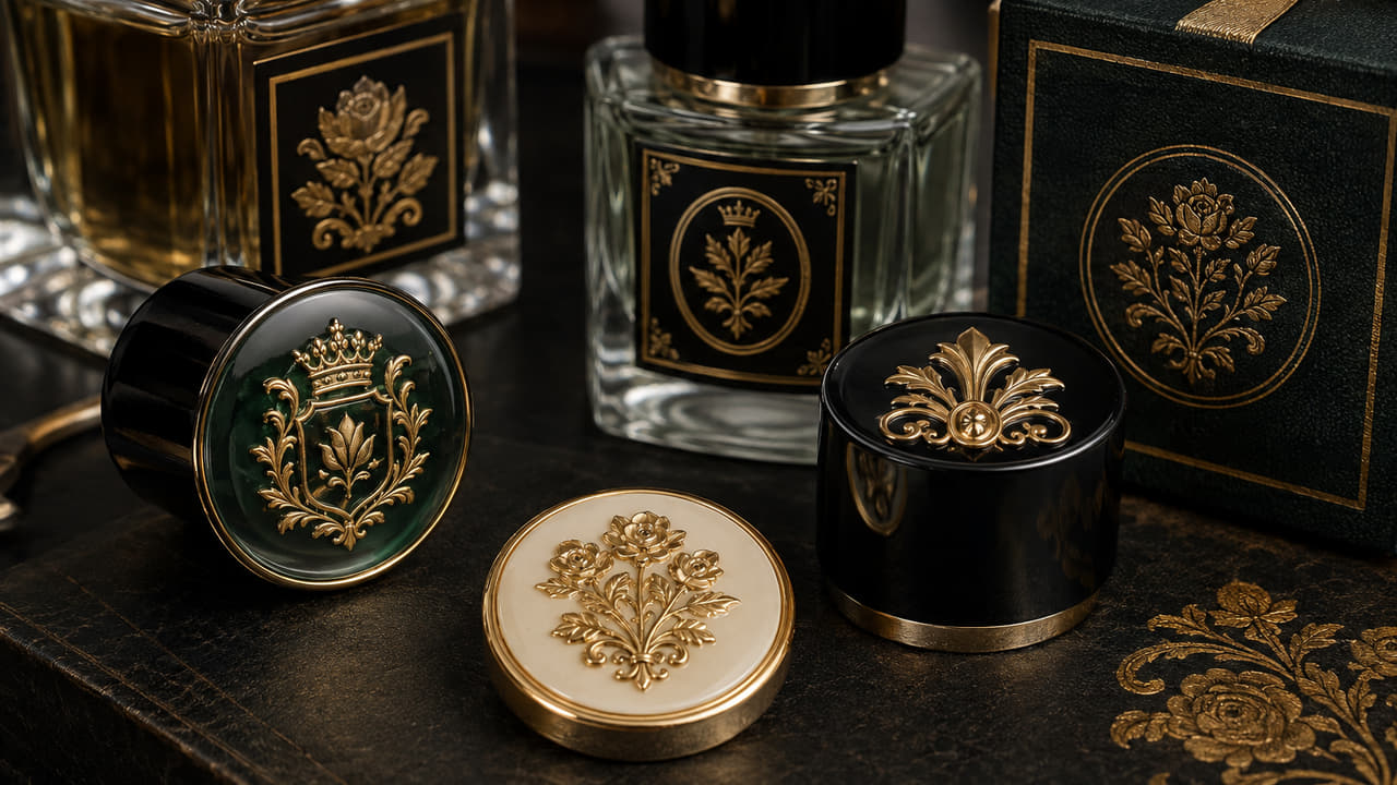 Should buyers use resin stickers or metal plates for perfume cap decoration for perfume gift sets?