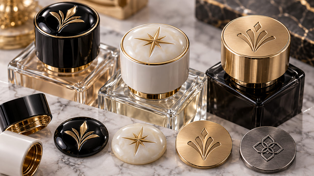 Should buyers use resin stickers or metal plates for perfume cap decoration for GCC fragrance launches?