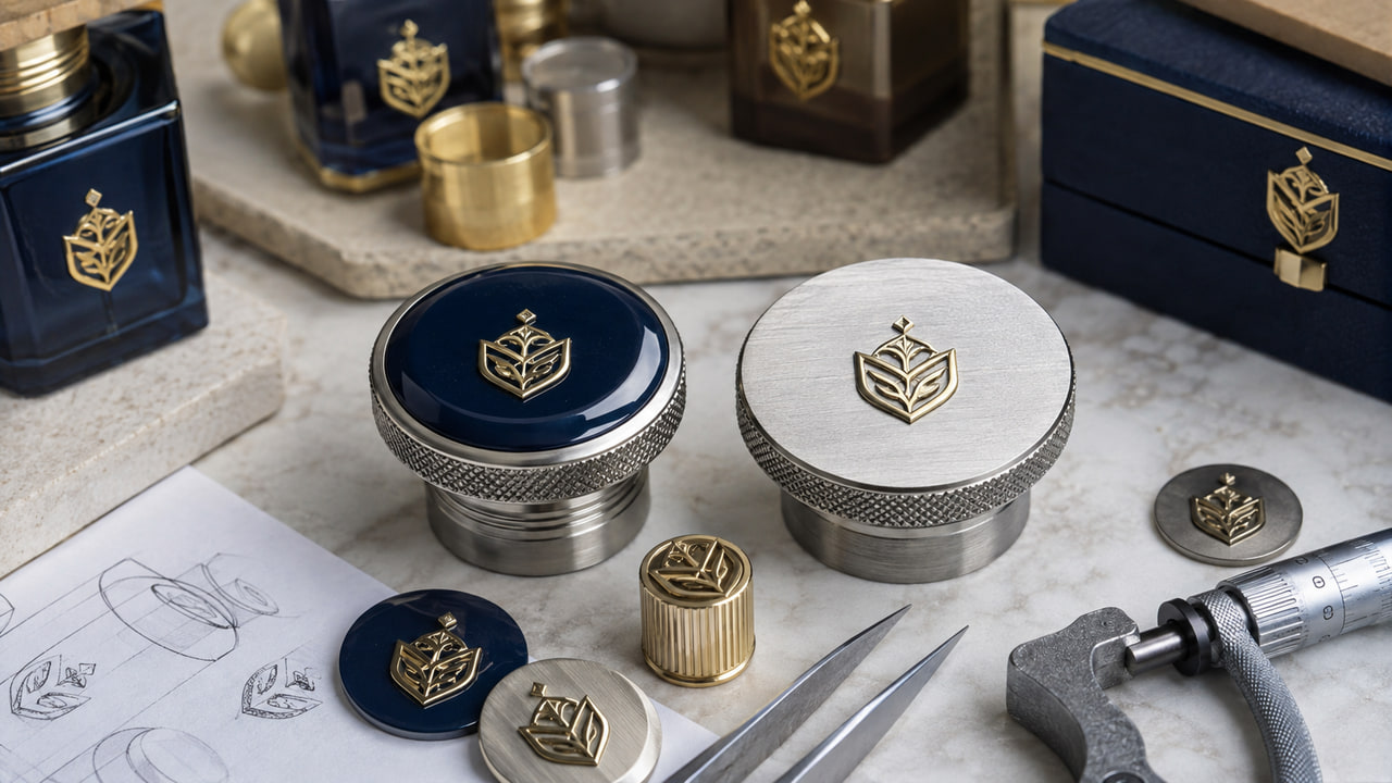 Should buyers use resin stickers or metal plates for perfume cap decoration for repeat orders?