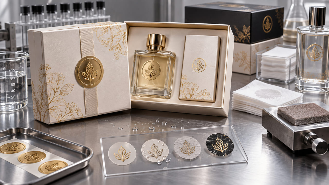 How should buyers design perfume carton seal stickers for perfume gift sets?