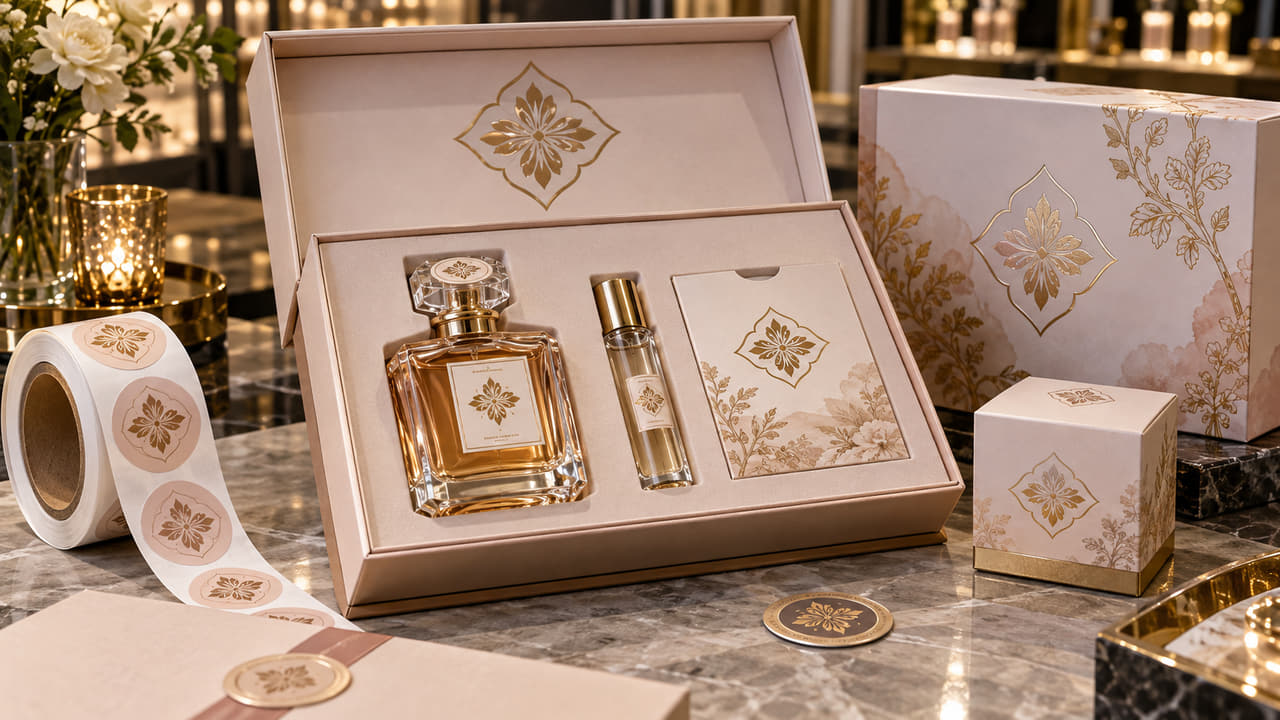 What sticker system should buyers use for perfume gift sets for boutique retail displays?