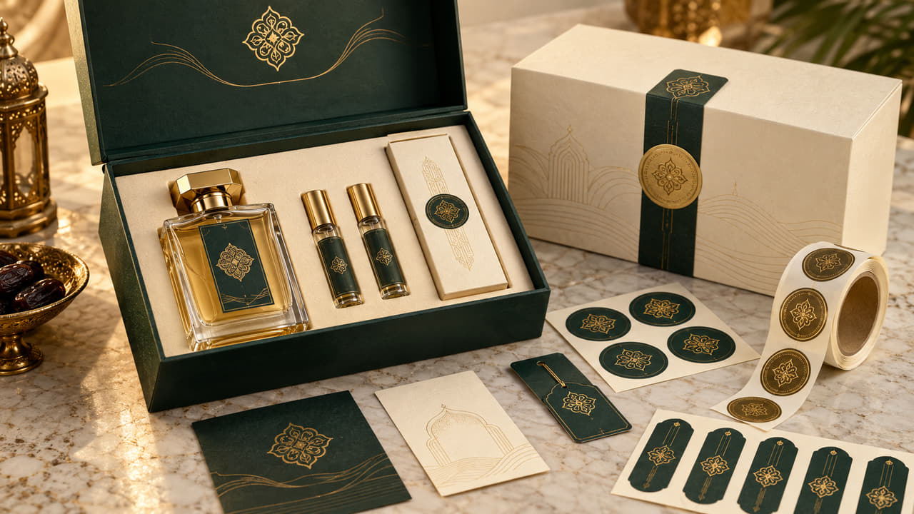 What sticker system should buyers use for perfume gift sets for GCC fragrance launches?