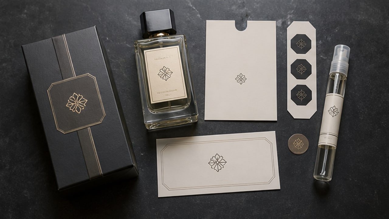 A Sticker System for Perfume Gift Sets: Bottle, Box, Insert, and Seal
