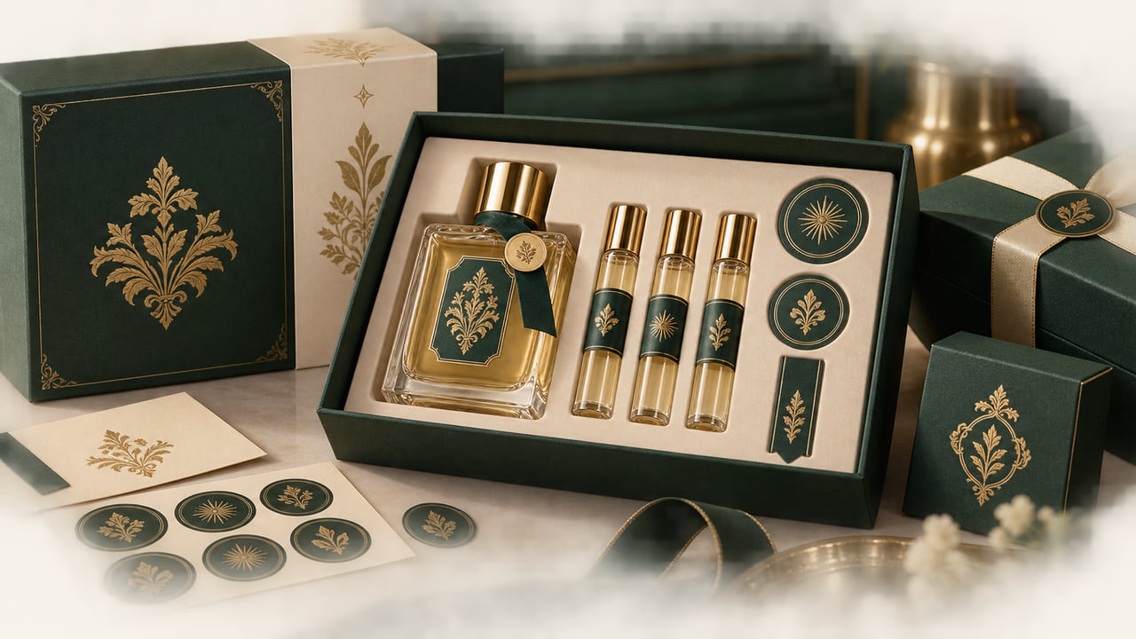What sticker system should buyers use for perfume gift sets for repeat orders?