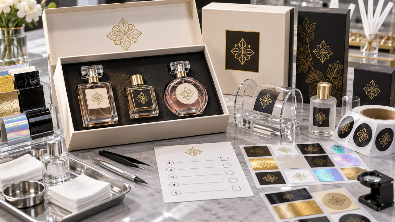 What should buyers test before approving perfume label samples for perfume gift sets?