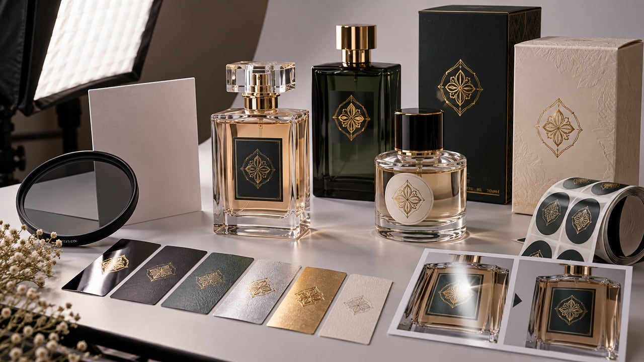 What label finishes reduce glare in perfume product photos for boutique retail displays?