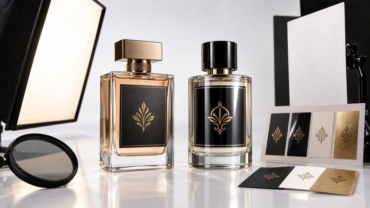 What label finishes reduce glare in perfume product photos for ecommerce perfume brands?
