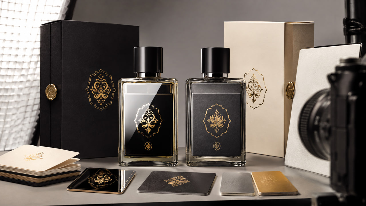 What label finishes reduce glare in perfume product photos for perfume gift sets?