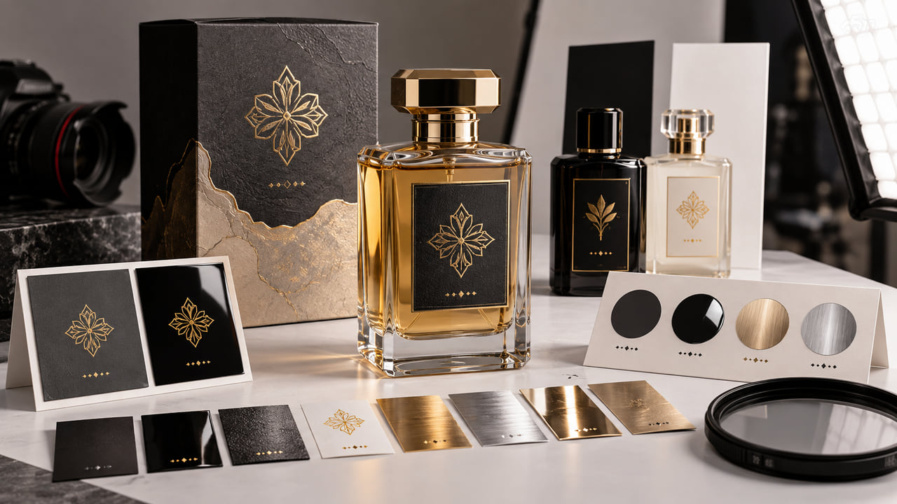 What label finishes reduce glare in perfume product photos for GCC fragrance launches?
