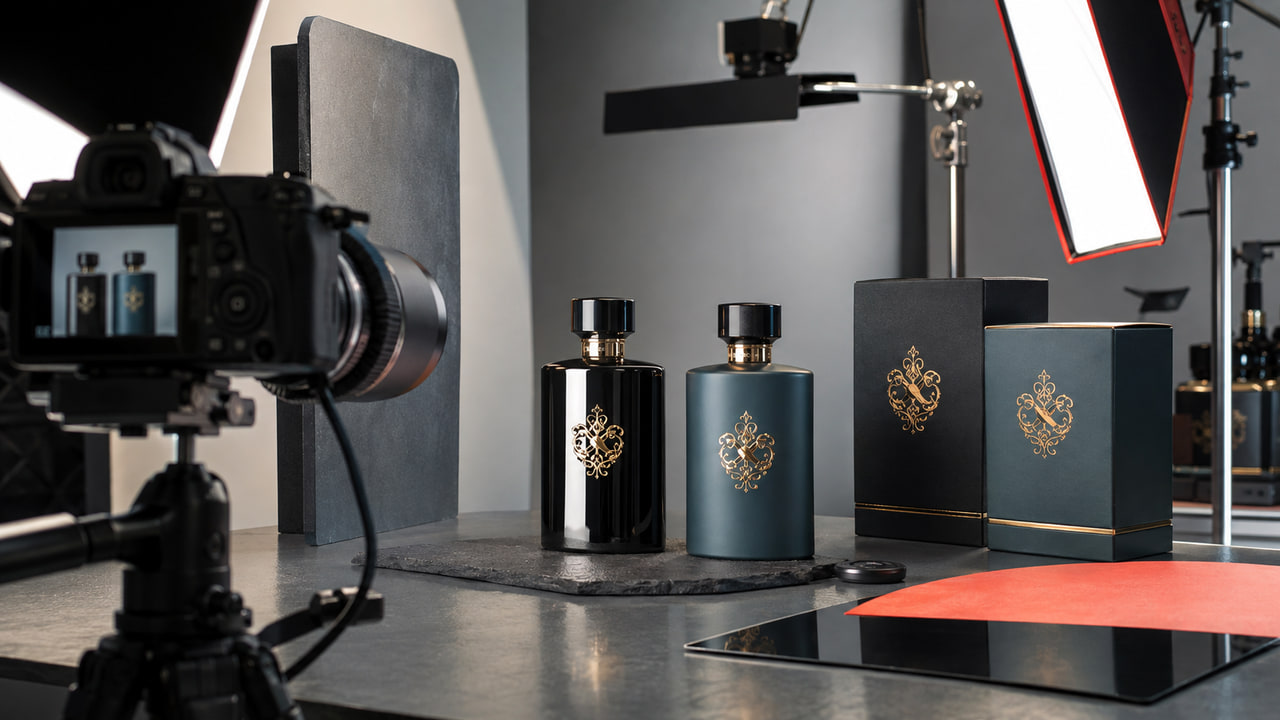 What label finishes reduce glare in perfume product photos for repeat orders?