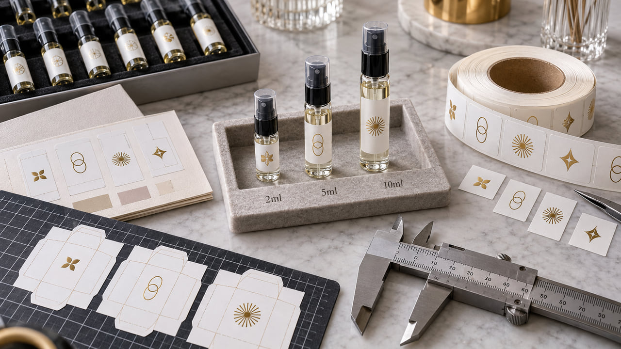 What label size data should buyers send for 2ml to 10ml sample vials for boutique retail displays?