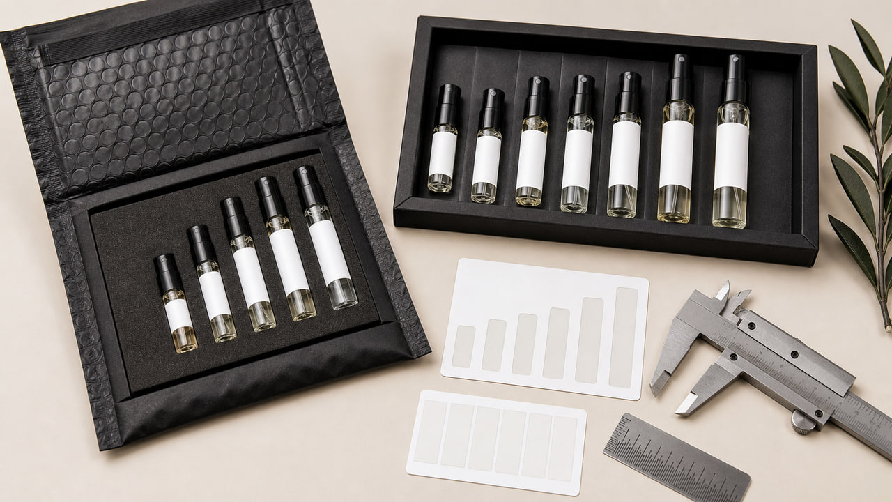 What label size data should buyers send for 2ml to 10ml sample vials for ecommerce perfume brands?