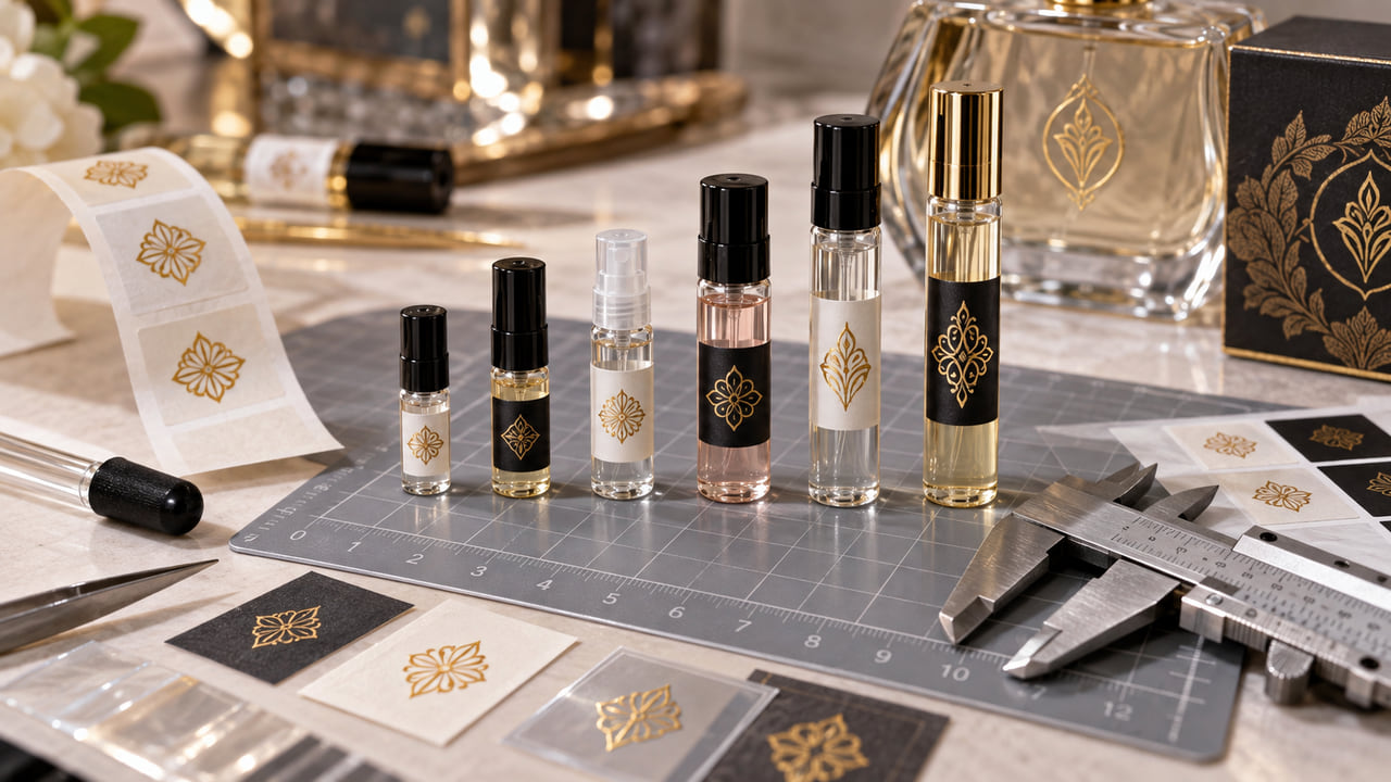 What label size data should buyers send for 2ml to 10ml sample vials for perfume gift sets?