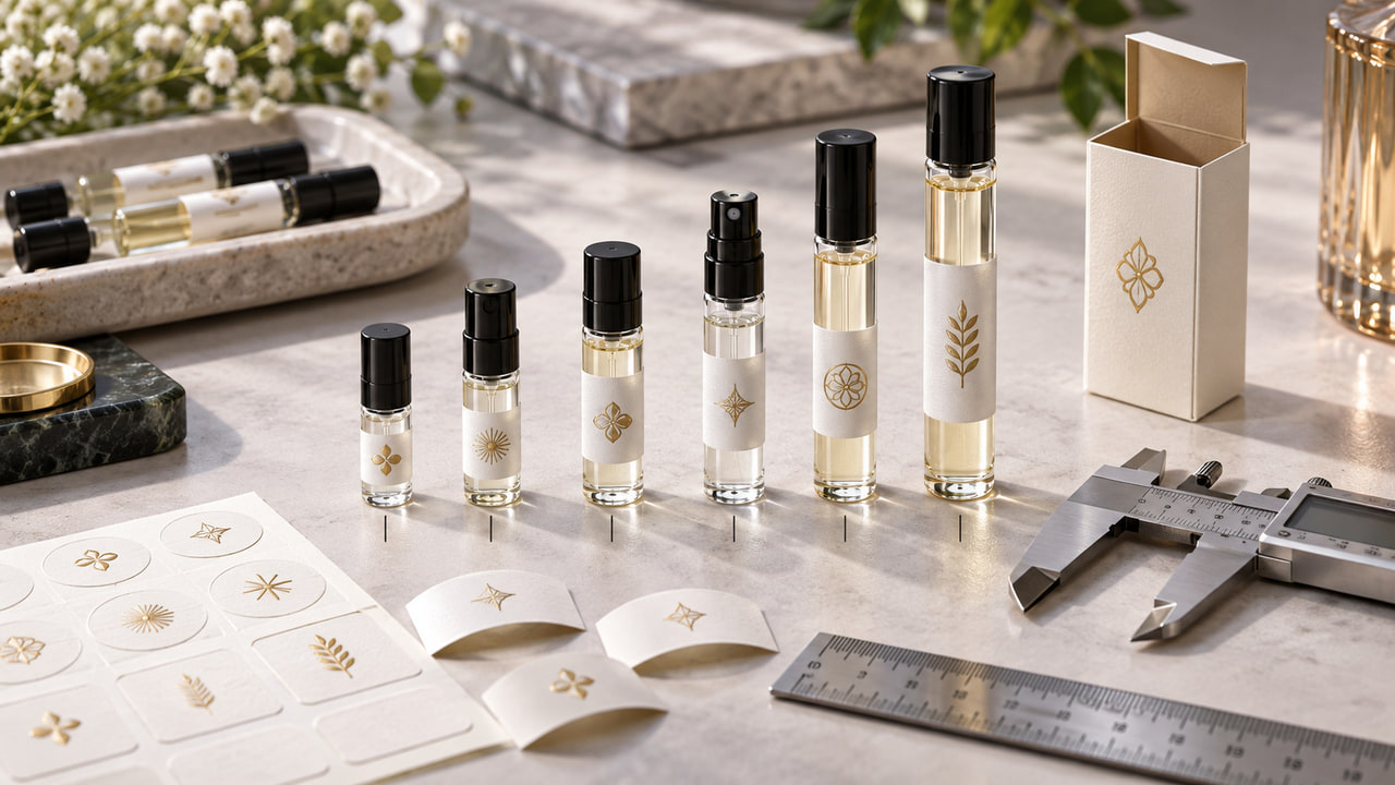 What label size data should buyers send for 2ml to 10ml sample vials for GCC fragrance launches?