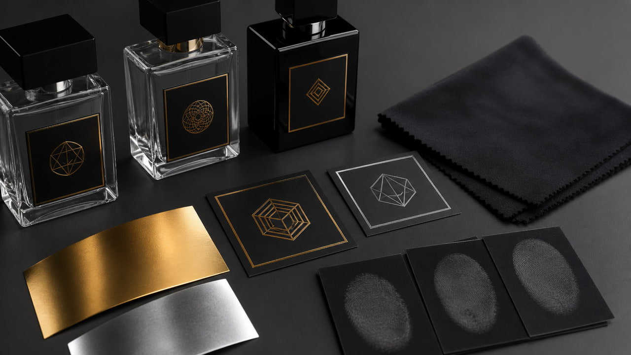 Premium Black Perfume Labels: Contrast, Fingerprints, and Metallic Detail