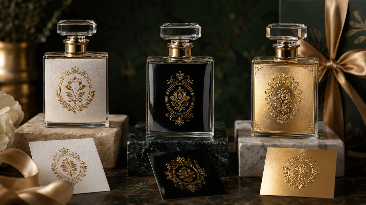 Should buyers choose matte, gloss, or metallic perfume label finishes for perfume gift sets?