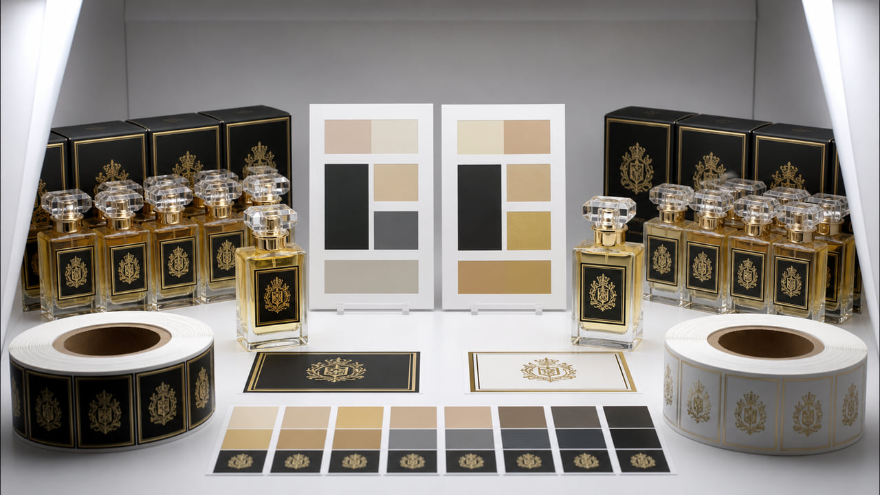 How can buyers reorder perfume labels without color drift for boutique retail displays?