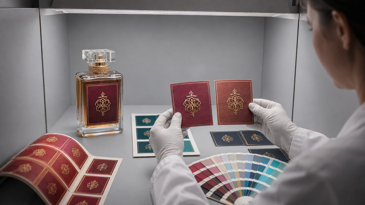 How can buyers reorder perfume labels without color drift for repeat orders?
