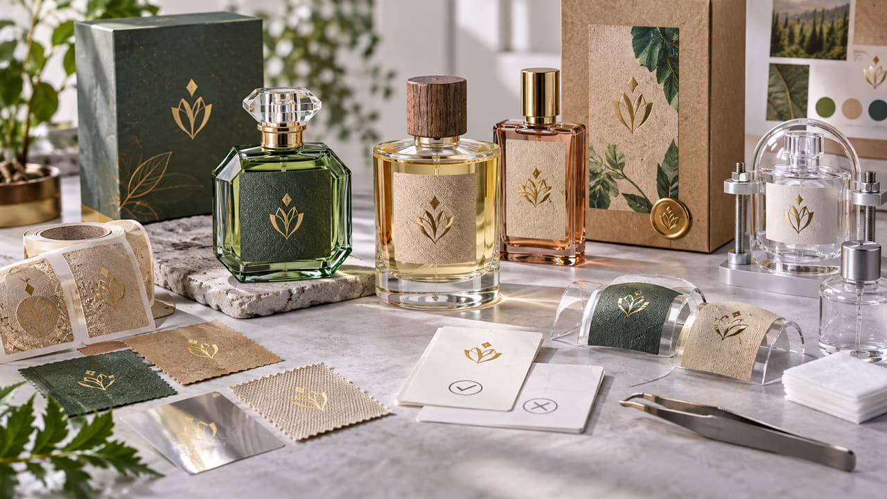 How can buyers choose sustainable-looking perfume labels without weak adhesion for perfume gift sets?
