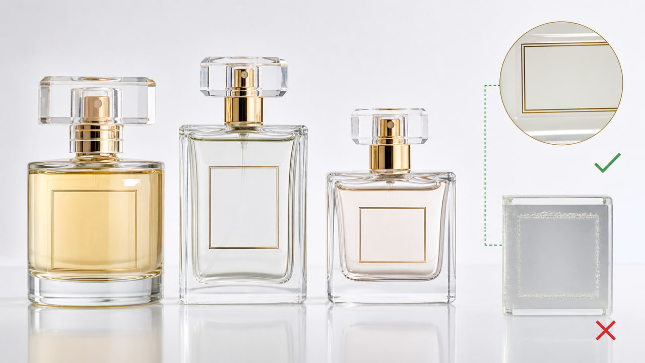 How can buyers avoid a cheap look with transparent labels on clear glass for ecommerce perfume brands?