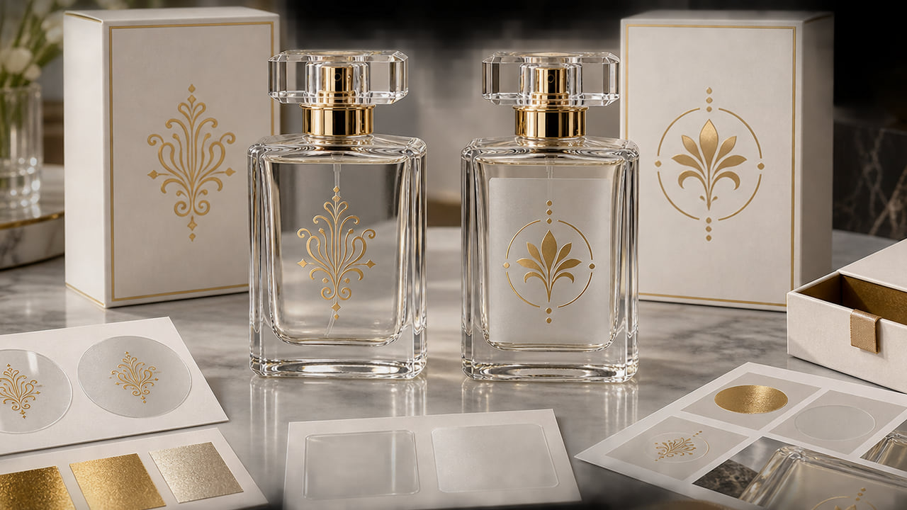 How can buyers avoid a cheap look with transparent labels on clear glass for perfume gift sets?